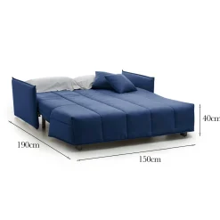 Divano Letto 2 Posti 150x90 cm Blu in Legno Massello Sfoderabile Apertura a Carrello Made in Italy Materasso 10cm Rete Elettrosaldata – Alaric