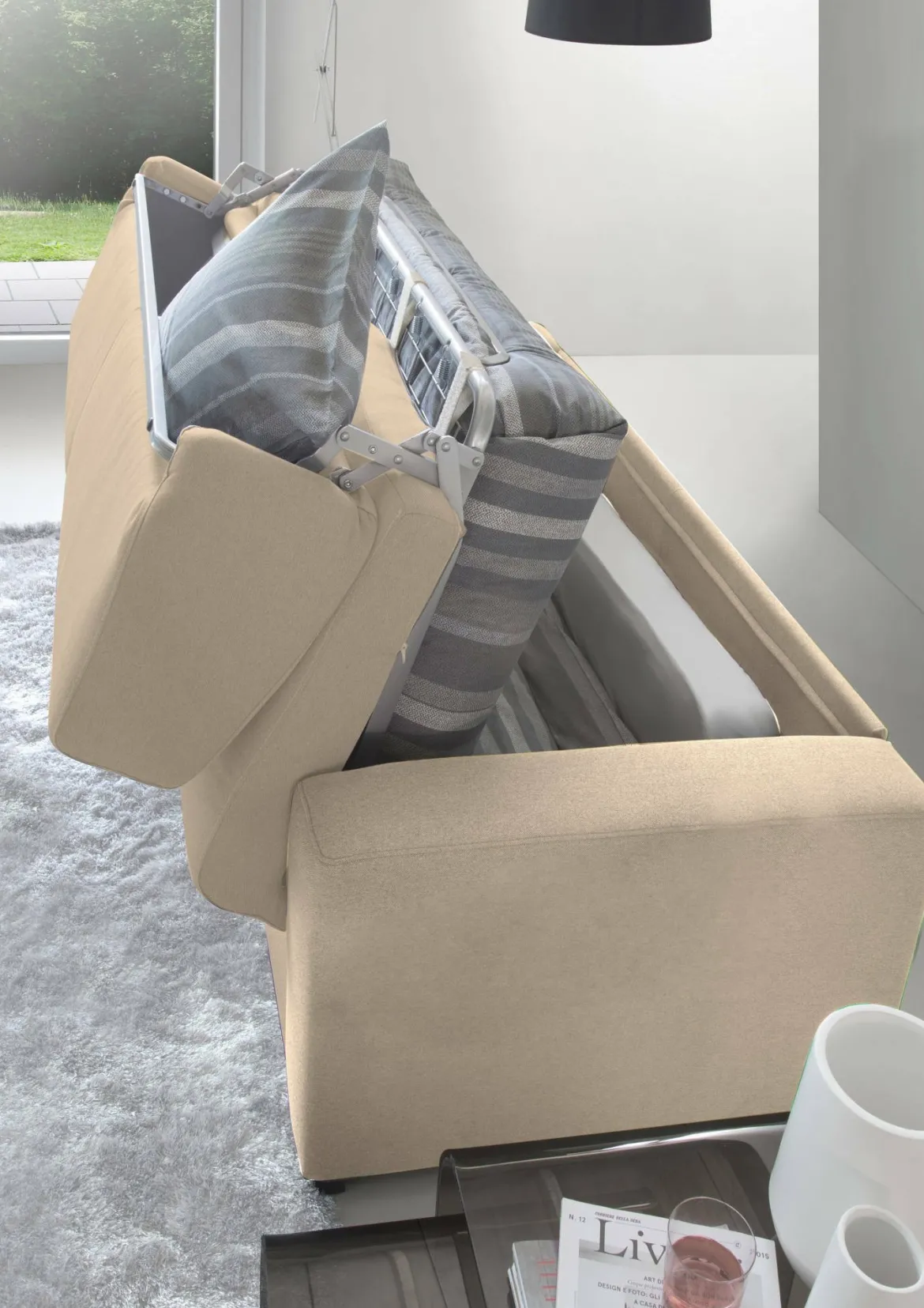 Divano Letto 2 Posti 200x95 cm con Contenitore Apertura a Ribalta in Tessuto Sfoderabile Beige Made in Italy Materasso 140x190 – Andymion