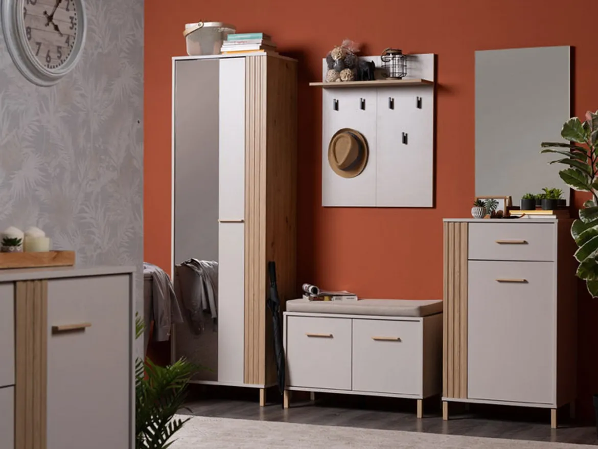 Guardaroba 1 Anta Bianco Crema Marrone Rovere Nodi Appendiabiti 4 Ripiani, 5 Vani - Pesco