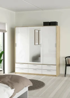 Guardaroba 3 ante Anabelle, Mobile camera da letto, Cabina armadio portabiti, Armadio appendiabiti, 181x60 h200 cm, Quercia e Bianco