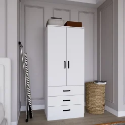 Guardaroba 2 Ante Bianco Appendiabiti 3 Cassetti 60x175h cm, Apertura Battente, Scorrevole - Sondrio