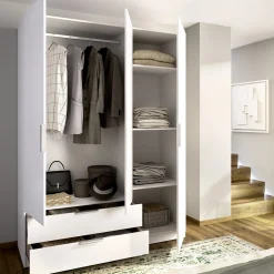 Guardaroba 3 Ante Bianco Appendiabiti 2 Cassetti 51x137 cm, 3 Ripiani - Mayos