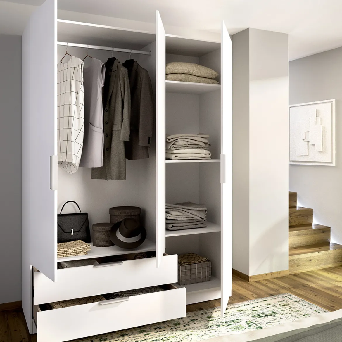 Guardaroba 3 Ante Bianco Appendiabiti 2 Cassetti 51x137 cm, 3 Ripiani - Mayos