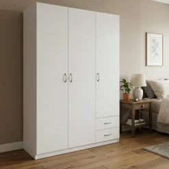 Guardaroba 3 Ante Bianco Appendiabiti 3 Ripiani 120x51 cm, 2 Cassetti - Toce