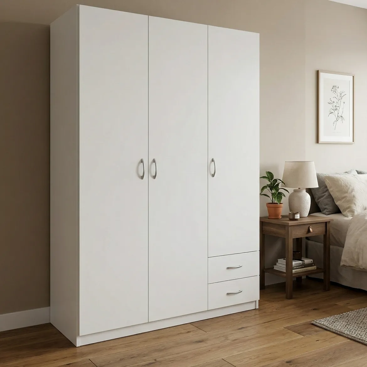 Guardaroba 3 Ante Bianco Appendiabiti 3 Ripiani 120x51 cm, 2 Cassetti - Toce