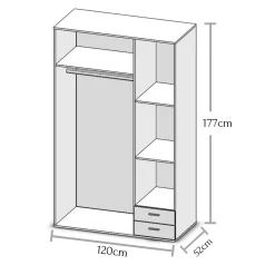 Guardaroba 3 Ante Bianco Appendiabiti 3 Ripiani 120x51 cm, 2 Cassetti - Toce