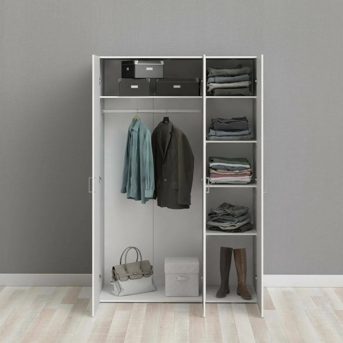 Guardaroba 3 Ante Bianco Appendiabiti 5 Ripiani 115x49 cm, Apertura Battente - Ruffano