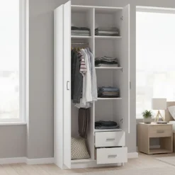 Guardaroba 2 Ante Bianco Bianco Appendiabiti 2 Cassetti 80x205h cm, 4 Ripiani - Cimena