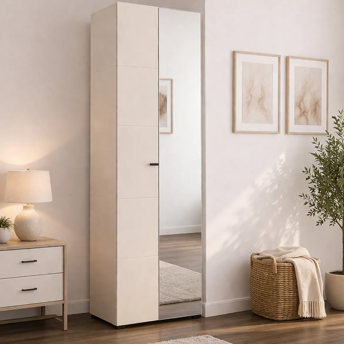 Guardaroba 2 Ante Bianco Bianco Appendiabiti 4 Ripiani 58x195h cm, 5 Vani - Lomazzo
