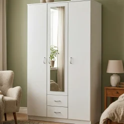 Guardaroba 3 Ante Bianco Bianco 4 Ripiani 2 Cassetti 120x52 cm, Appendiabiti - Crati