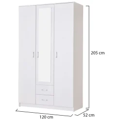 Guardaroba 3 Ante Bianco Bianco 4 Ripiani 2 Cassetti 120x52 cm, Appendiabiti - Crati