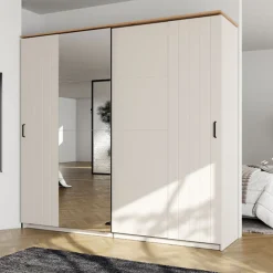 Guardaroba 2 Ante Bianco Crema Marrone Rovere 2 Ripiani Appendiabiti 220x205h cm, Apertura Scorrevole - Aurovi