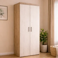 Guardaroba 2 Ante Bianco Larice Marrone Rovere Appendiabiti Cassetti 80x202h cm, un Ripiano - Egna