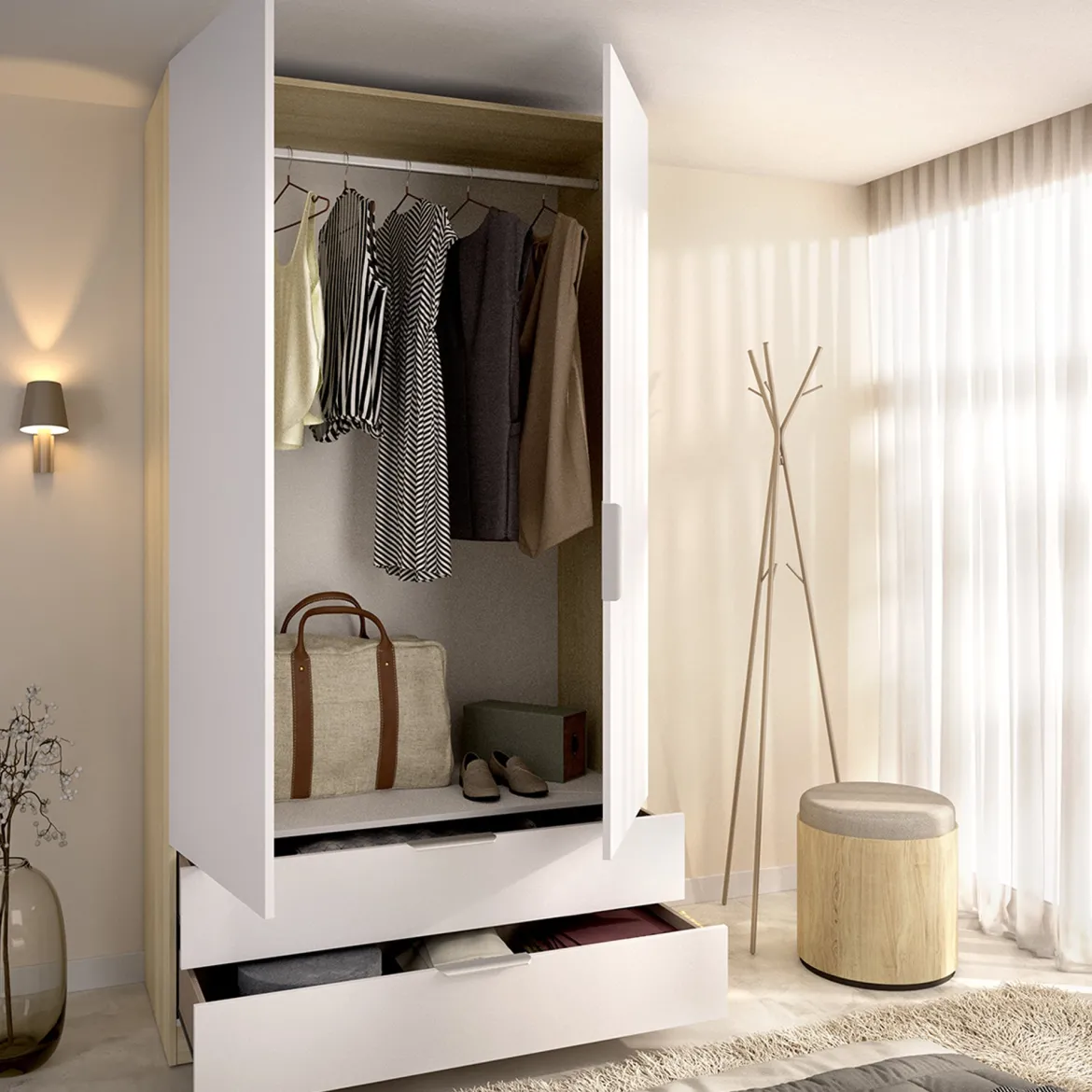 Guardaroba 2 Ante Bianco Marrone Rovere Appendiabiti 2 Cassetti 51x204h cm, un Ripiano - Montclare