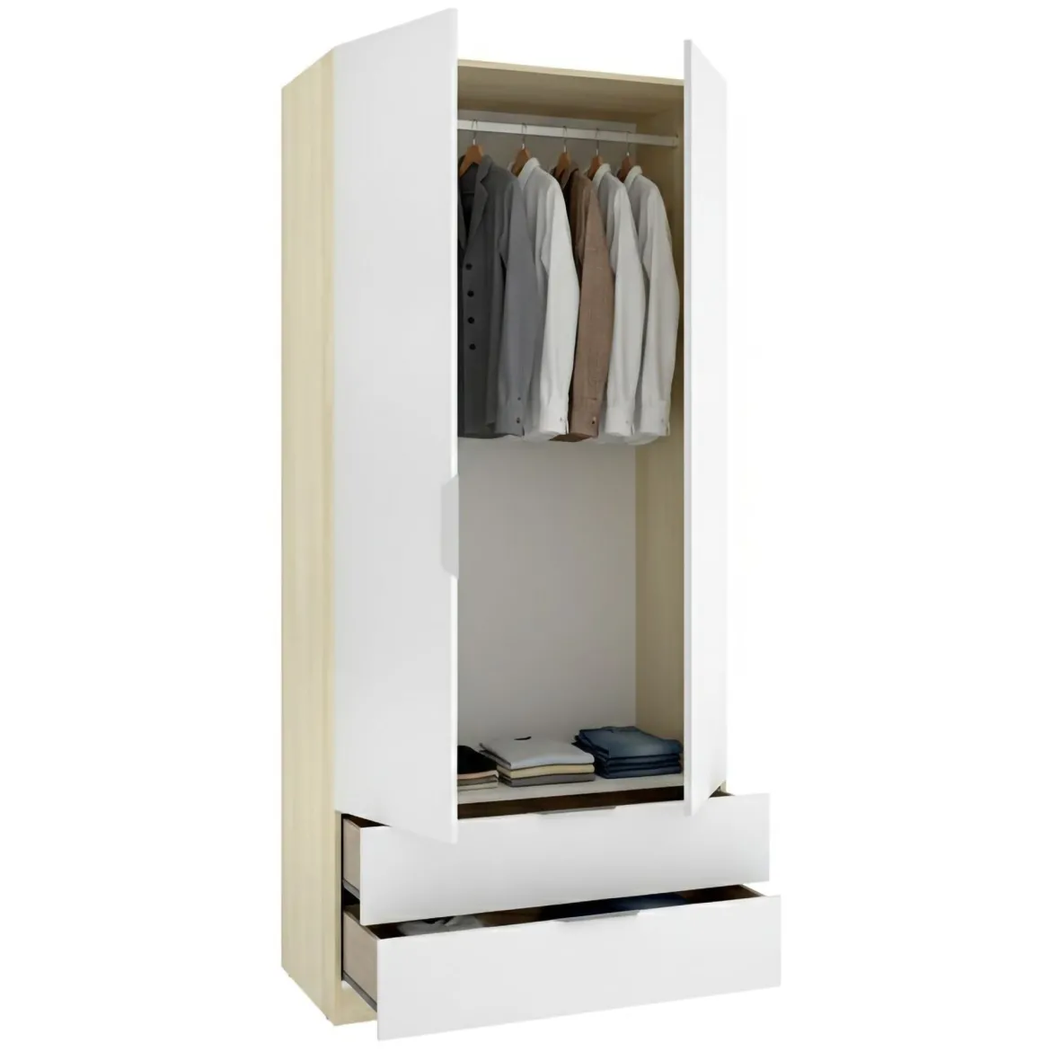 Guardaroba 2 Ante Bianco Marrone Rovere Appendiabiti 2 Cassetti 51x204h cm, un Ripiano - Montclare