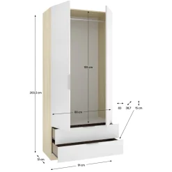 Guardaroba 2 Ante Bianco Marrone Rovere Appendiabiti 2 Cassetti 51x204h cm, un Ripiano - Montclare
