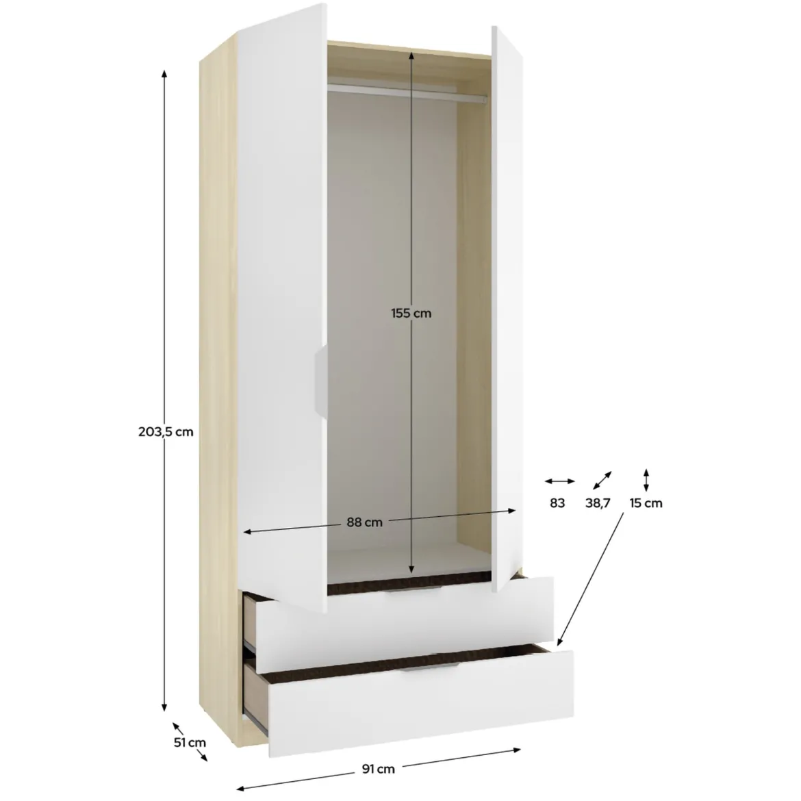 Guardaroba 2 Ante Bianco Marrone Rovere Appendiabiti 2 Cassetti 51x204h cm, un Ripiano - Montclare