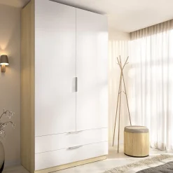 Guardaroba 2 Ante Bianco Marrone Rovere Appendiabiti 2 Cassetti 51x204h cm, un Ripiano - Montclare