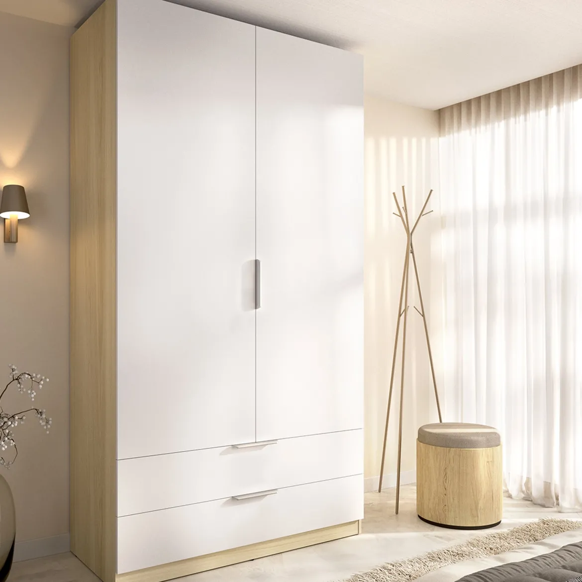 Guardaroba 2 Ante Bianco Marrone Rovere Appendiabiti 2 Cassetti 51x204h cm, un Ripiano - Montclare