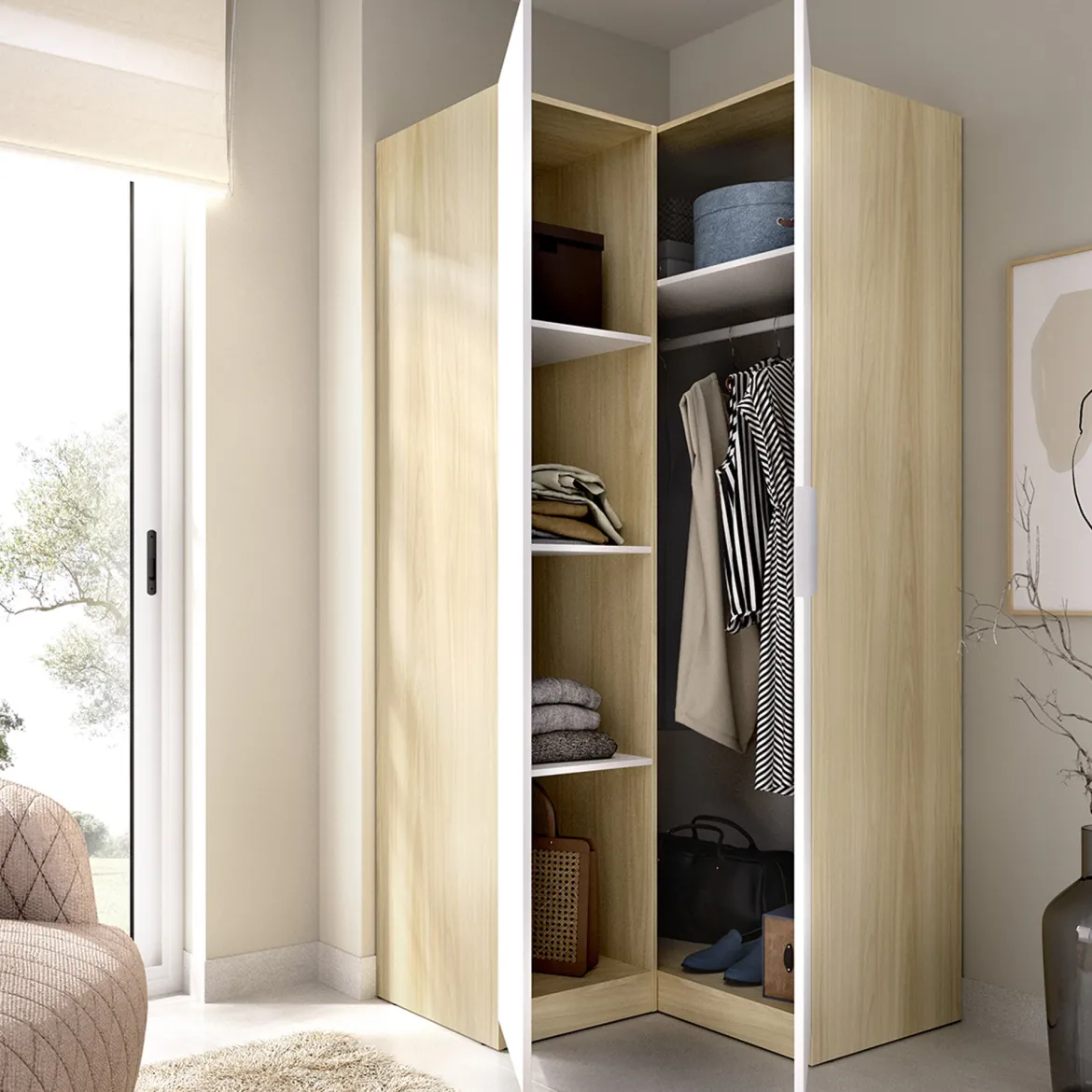 Guardaroba 2 Ante Bianco Marrone Rovere Nodi Appendiabiti 3 Ripiani 75x194.5h cm, 4 Vani - Vittuone