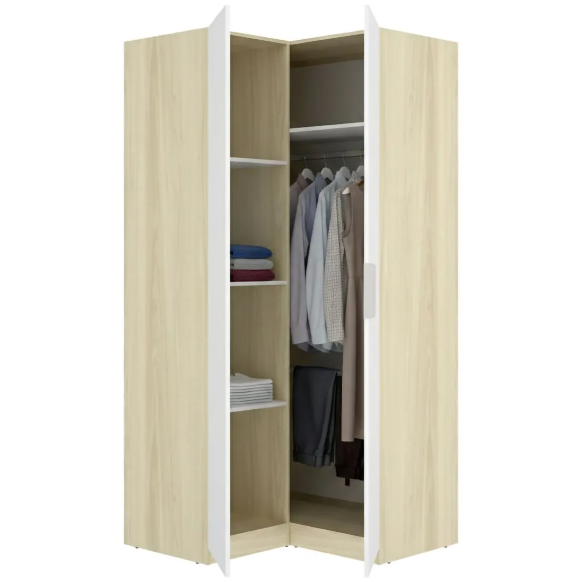 Guardaroba 2 Ante Bianco Marrone Rovere Nodi Appendiabiti 3 Ripiani 75x194.5h cm, 4 Vani - Vittuone