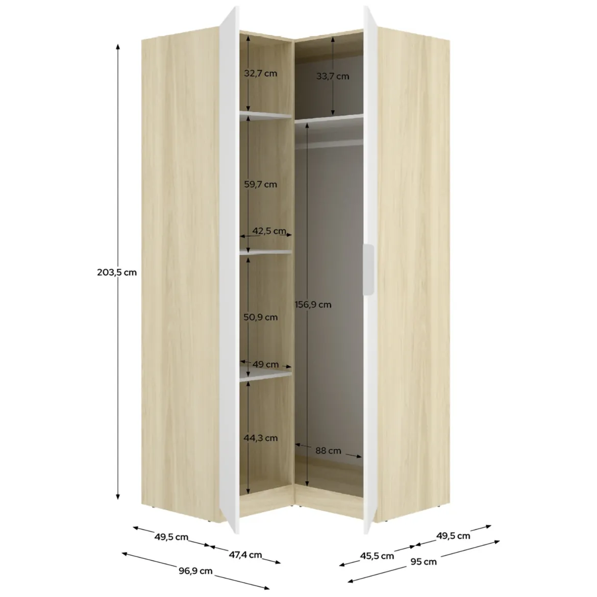 Guardaroba 2 Ante Bianco Marrone Rovere Nodi Appendiabiti 3 Ripiani 75x194.5h cm, 4 Vani - Vittuone