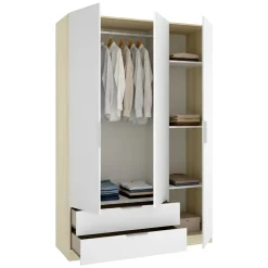 Guardaroba 3 Ante Bianco Marrone Rovere Appendiabiti 2 Cassetti 51x137 cm, 3 Ripiani - Mayos