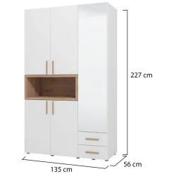 Guardaroba 3 Ante Bianco Marrone Rovere Nodi Appendiabiti 2 Cassetti 134.5x56 cm, 6 Ripiani - Pianezze