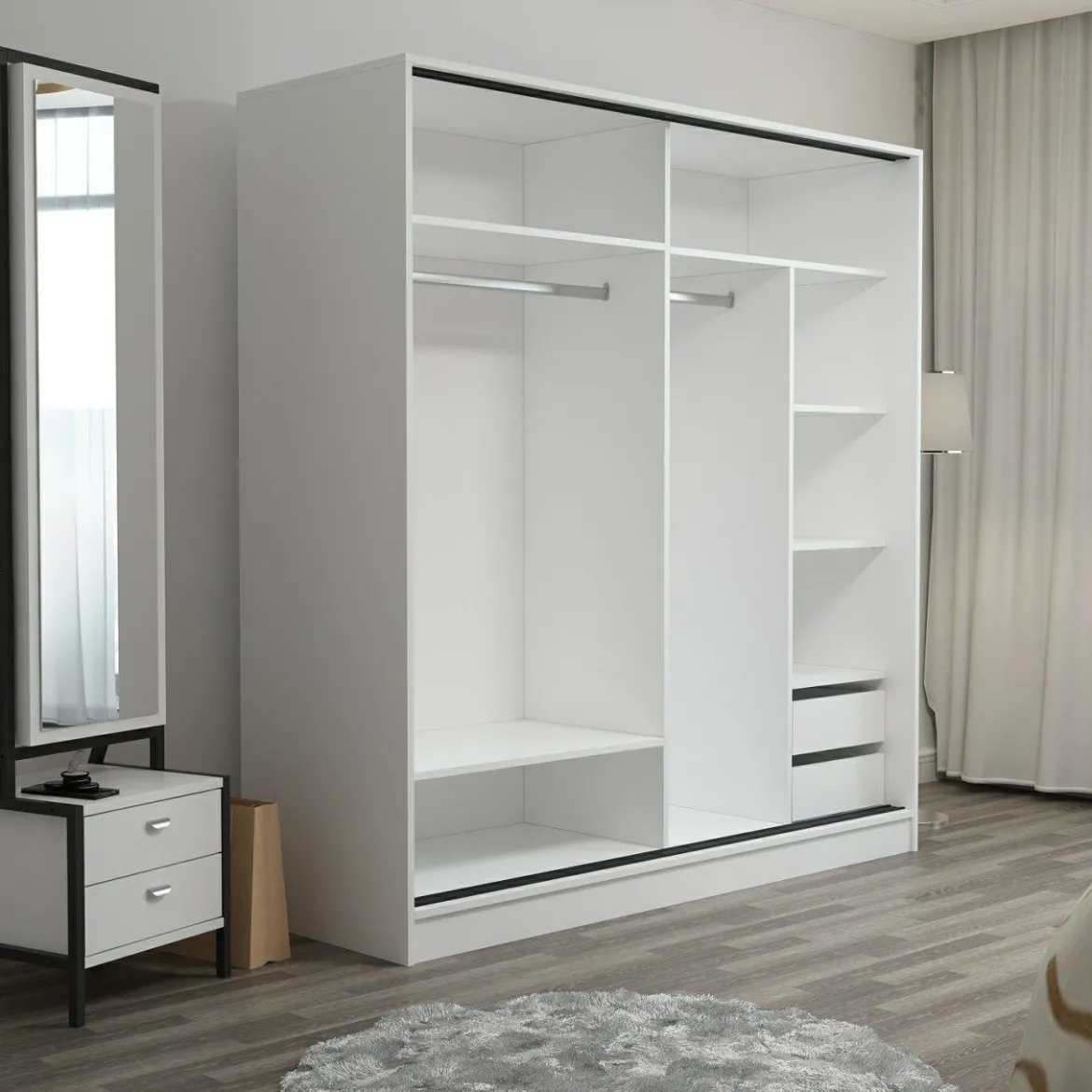 Guardaroba 2 Ante Bianco Nero Antracite 5 Ripiani Appendiabiti 180x210h cm, Apertura Scorrevole - Cuvio