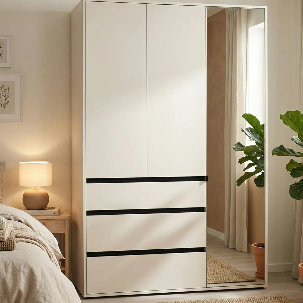Guardaroba 3 Ante Bianco Nero 4 Ripiani 3 Cassetti 138x55 cm, Appendiabiti - Ilbonoo