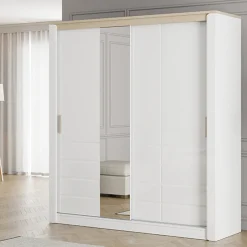 Guardaroba 2 Ante Bianco Opaco Marrone Rovere 5 Ripiani Appendiabiti 199x217h cm, Apertura Scorrevole - Lunenb