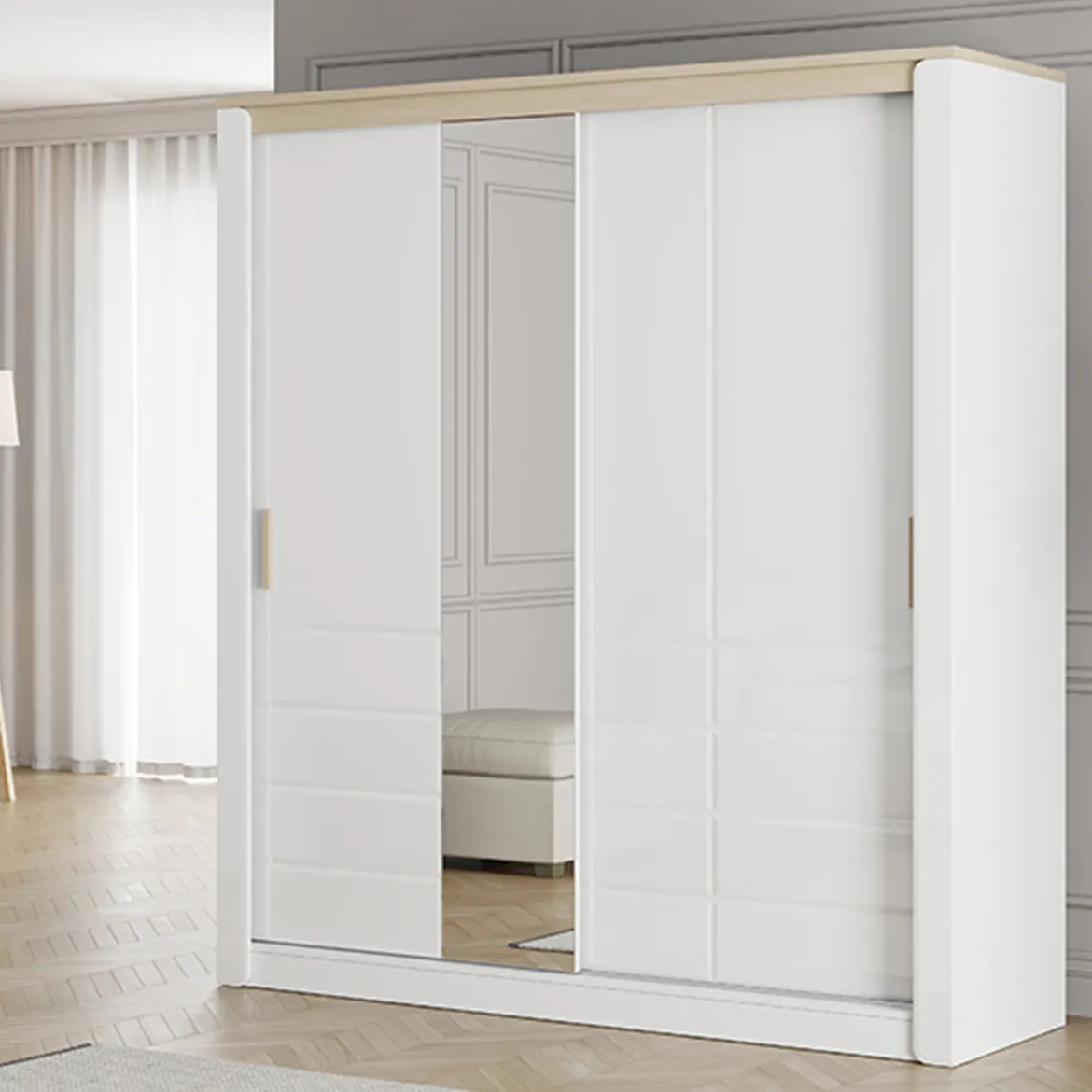 Guardaroba 2 Ante Bianco Opaco Marrone Rovere 5 Ripiani Appendiabiti 199x217h cm, Apertura Scorrevole - Lunenb