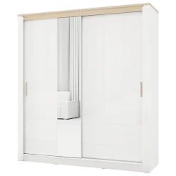 Guardaroba 2 Ante Bianco Opaco Marrone Rovere 5 Ripiani Appendiabiti 199x217h cm, Apertura Scorrevole - Lunenb