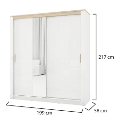 Guardaroba 2 Ante Bianco Opaco Marrone Rovere 5 Ripiani Appendiabiti 199x217h cm, Apertura Scorrevole - Lunenb
