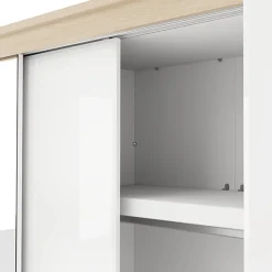 Guardaroba 2 Ante Bianco Opaco Marrone Rovere 5 Ripiani Appendiabiti 199x217h cm, Apertura Scorrevole - Lunenb