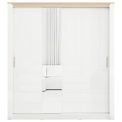 Guardaroba 2 Ante Bianco Opaco Marrone Rovere 5 Ripiani Appendiabiti 199x217h cm, Apertura Scorrevole - Lunenb