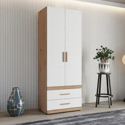 Guardaroba 2 Ante Bianco Opaco Marrone Rovere Nodi Appendiabiti 2 Cassetti 79x208h cm, un Ripiano - Tilcara