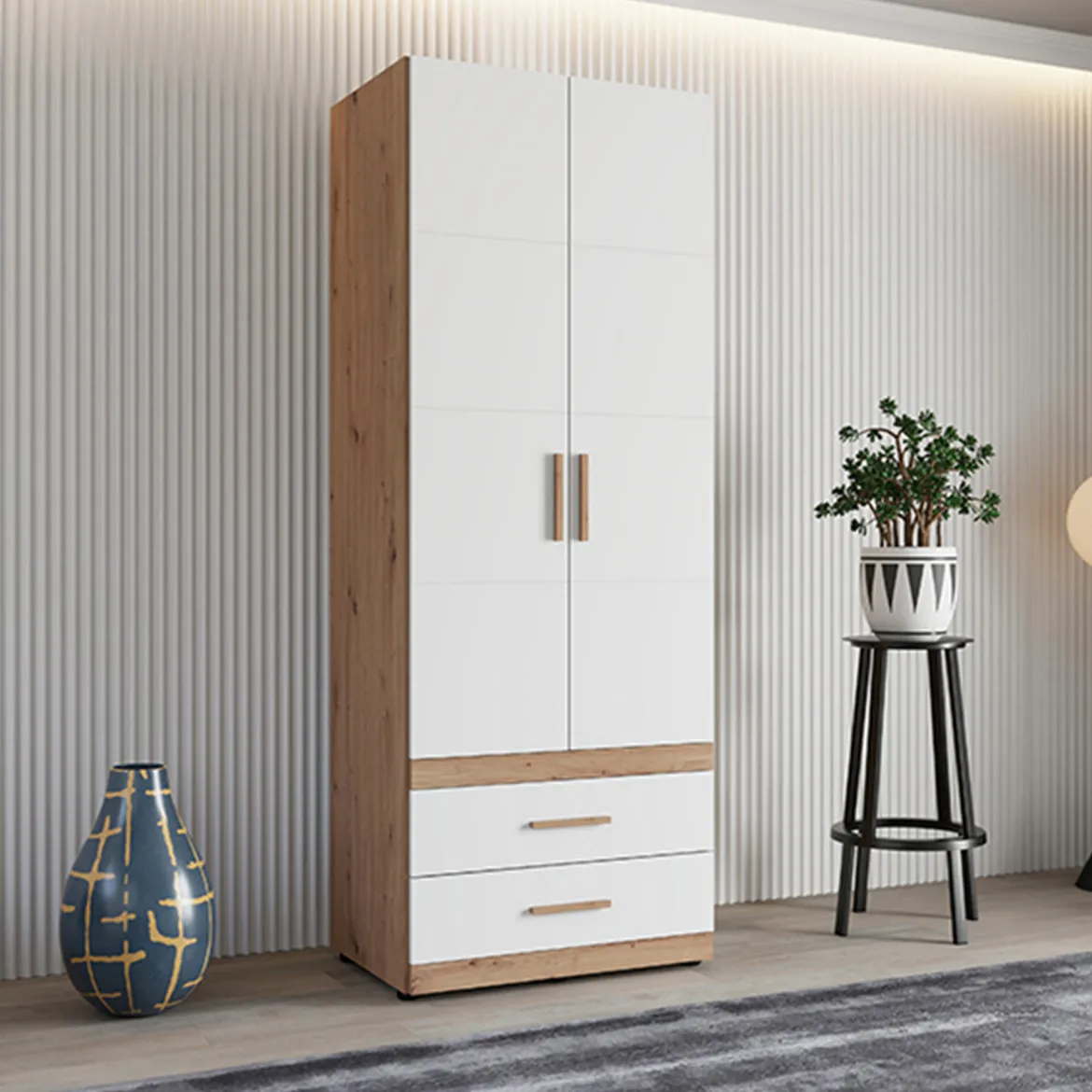 Guardaroba 2 Ante Bianco Opaco Marrone Rovere Nodi Appendiabiti 2 Cassetti 79x208h cm, un Ripiano - Tilcara