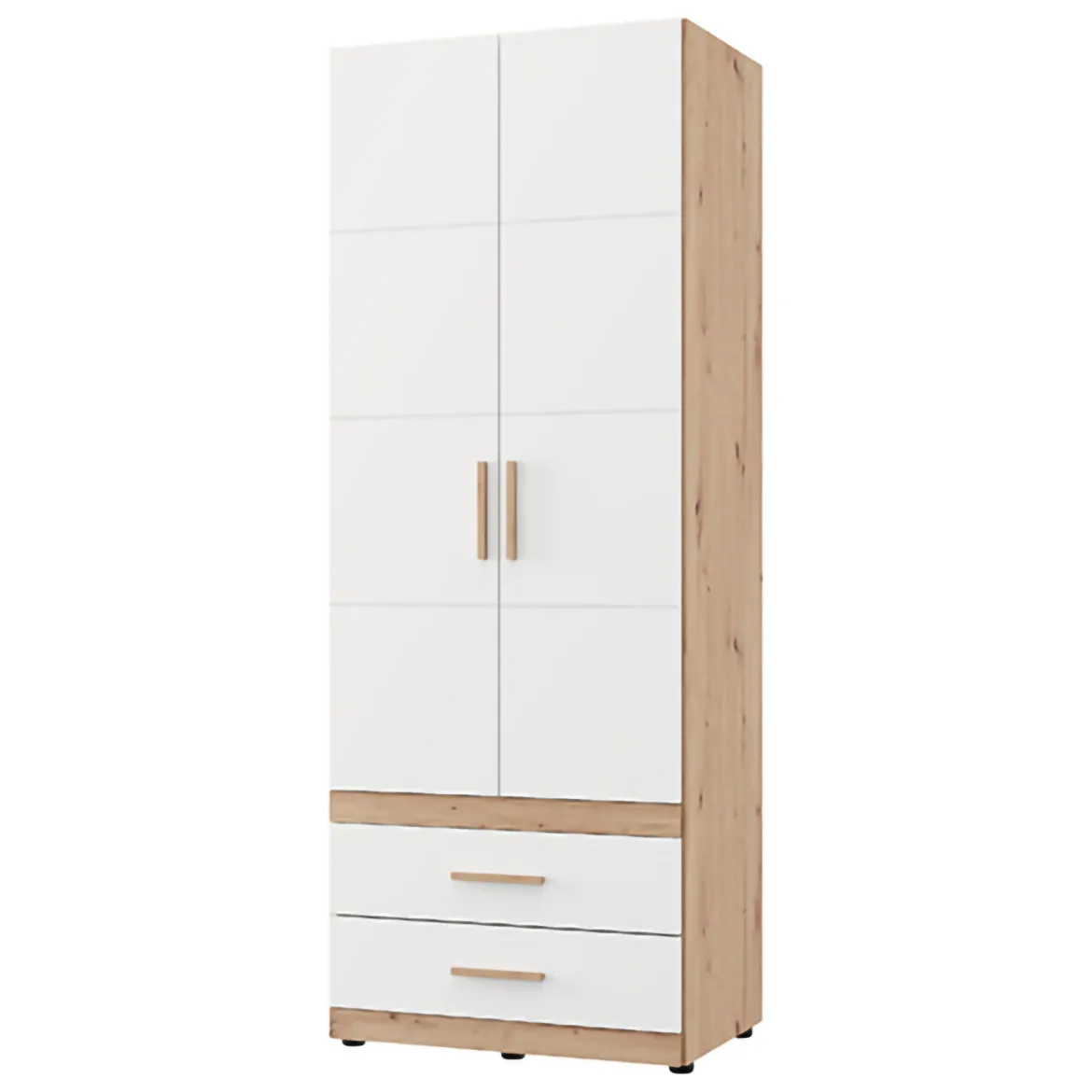Guardaroba 2 Ante Bianco Opaco Marrone Rovere Nodi Appendiabiti 2 Cassetti 79x208h cm, un Ripiano - Tilcara