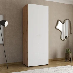 Guardaroba 2 Ante Bianco Opaco Marrone Rovere Nodi Appendiabiti un Ripiano 79x208h cm, 2 Ante - Pomar