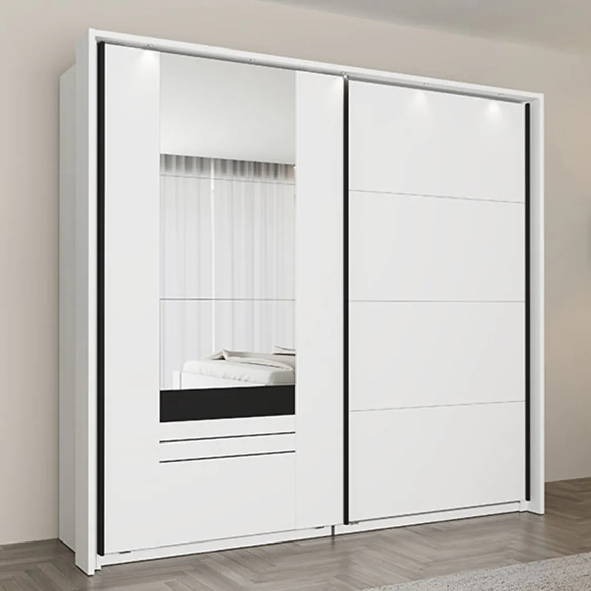 Guardaroba 2 Ante Bianco Opaco Nero 4 Ripiani Appendiabiti 205x216h cm, 2 Cassetti - Copala