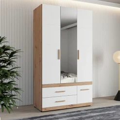 Guardaroba 3 Ante Bianco Opaco Marrone Rovere Nodi Appendiabiti 3 Cassetti 117x52 cm, 2 Ripiani - Yelapa