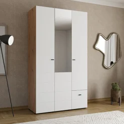 Guardaroba 3 Ante Bianco Opaco Marrone Rovere Nodi Appendiabiti un Cassetto 117x52 cm, 4 Ripiani - Serram