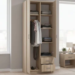 Guardaroba 2 Ante Marrone Rovere Bianco Appendiabiti 2 Cassetti 80x205h cm, 4 Ripiani - Cimena