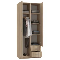 Guardaroba 2 Ante Marrone Rovere Bianco Appendiabiti 2 Cassetti 80x205h cm, 4 Ripiani - Cimena