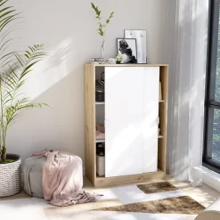 Guardaroba 2 Ante Marrone Rovere Nodi Bianco 2 Ripiani Apertura Scorrevole 77x119h cm, 3 Vani - Stelvio