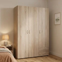 Guardaroba 3 Ante Marrone Rovere 2 Cassetti 3 Ripiani 120x51 cm, Appendiabiti - Toce