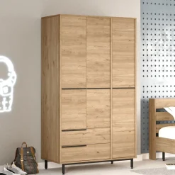 Guardaroba 3 Ante Marrone Rovere 5 Ripiani 2 Cassetti 112x55 cm, Appendiabiti - Oricola