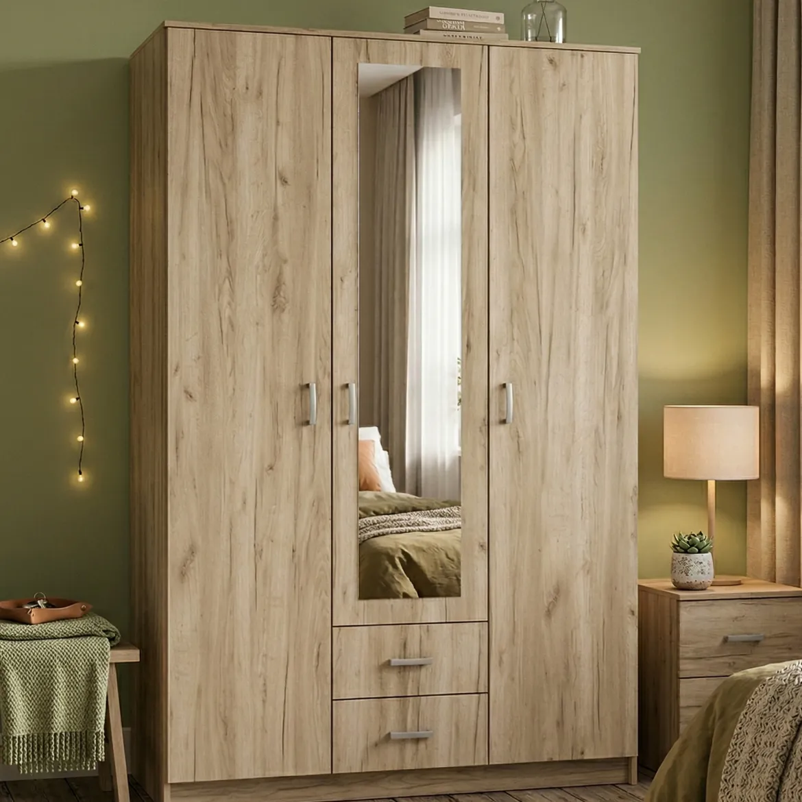Guardaroba 3 Ante Marrone Rovere Bianco Appendiabiti un Cassetto 90x43 cm, 5 Ripiani - Infine
