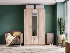 Guardaroba 3 Ante Marrone Rovere Bianco Appendiabiti un Cassetto 90x43 cm, 5 Ripiani - Infine